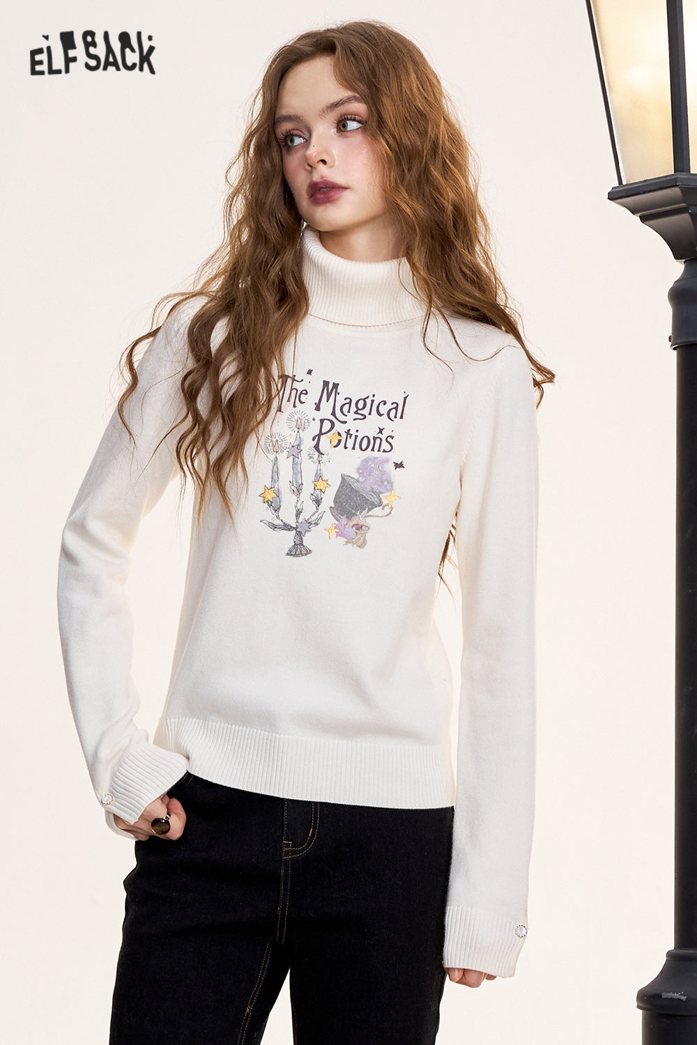 ELFSACK Dark red retro casual print turtleneck pullover knitted sweater