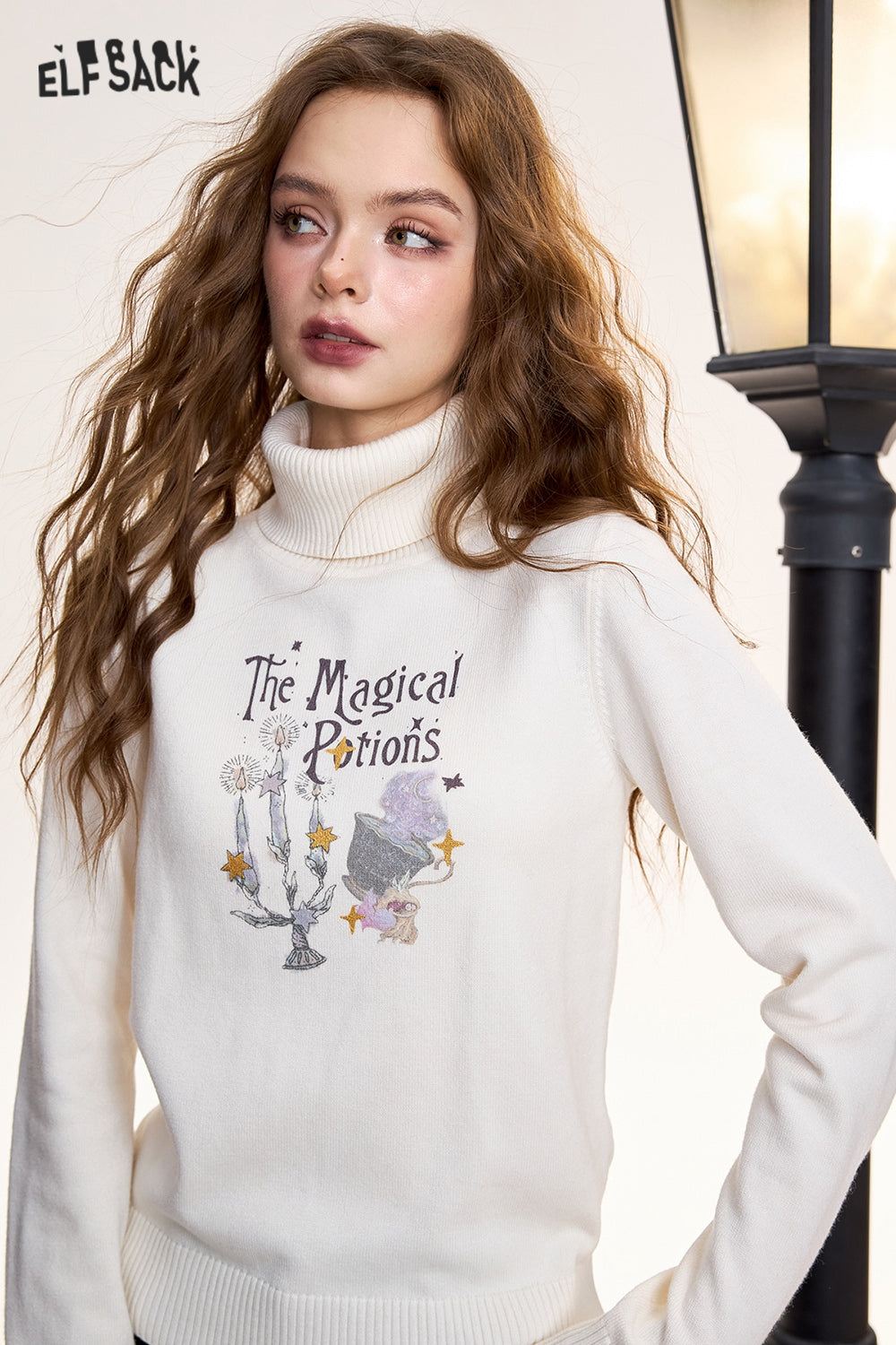 ELFSACK Dark red retro casual print turtleneck pullover knitted sweater