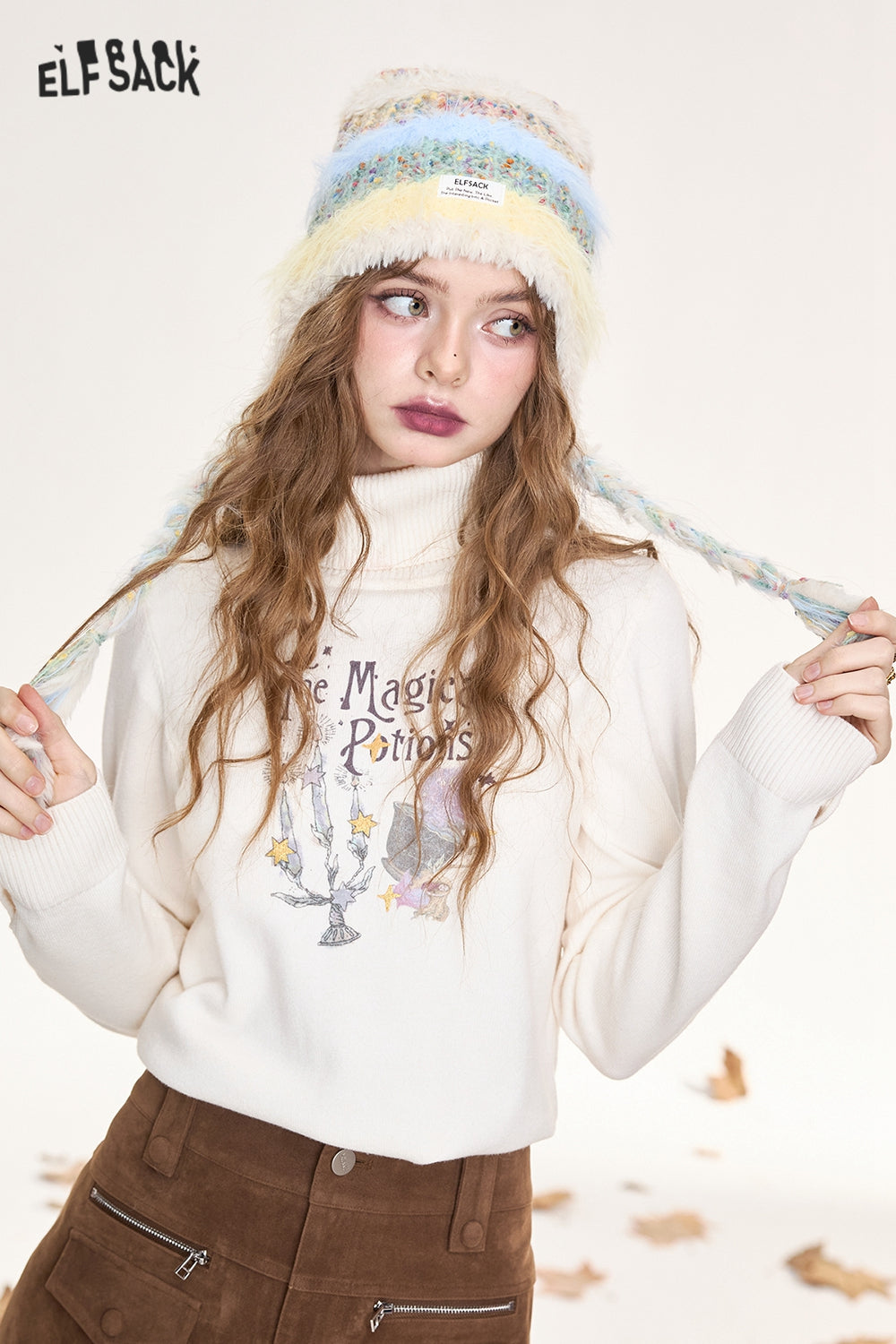 ELFSACK Dark red retro casual print turtleneck pullover knitted sweater