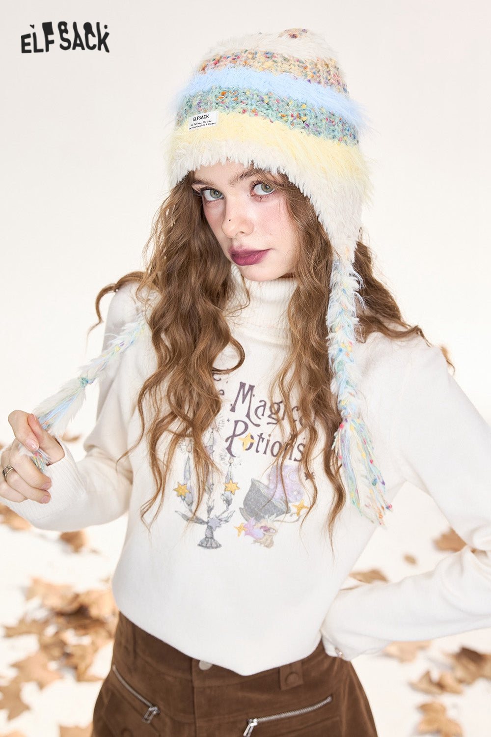 ELFSACK Dark red retro casual print turtleneck pullover knitted sweater
