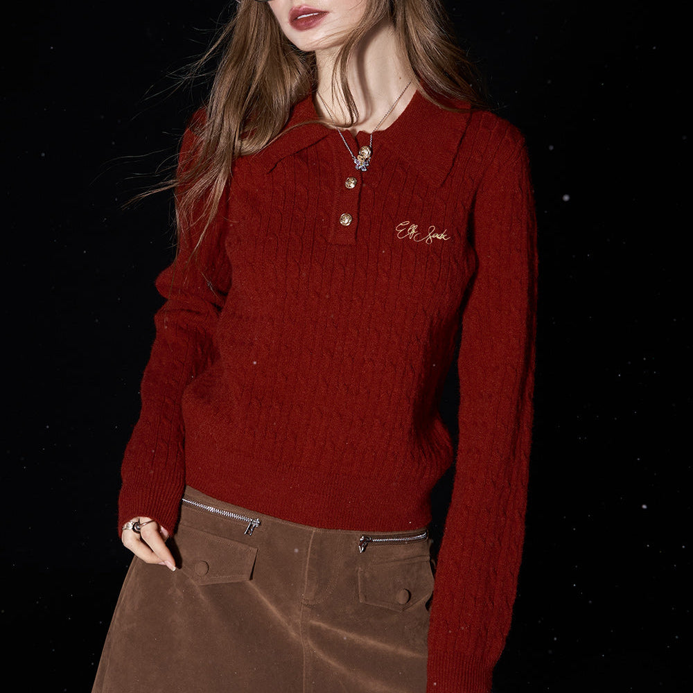 ELFSACK 2024 Winter New Arrivals Preppy style slim fit letter embroidered polo neck knitted sweater for women