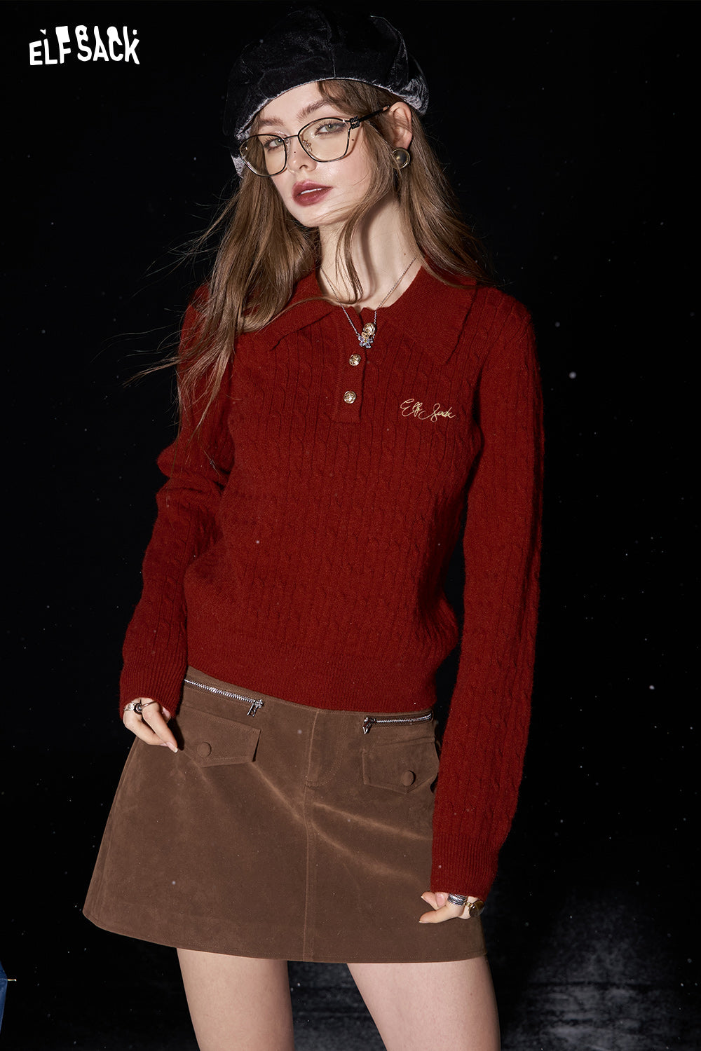 ELFSACK Preppy style slim fit letter embroidered polo neck knitted sweater