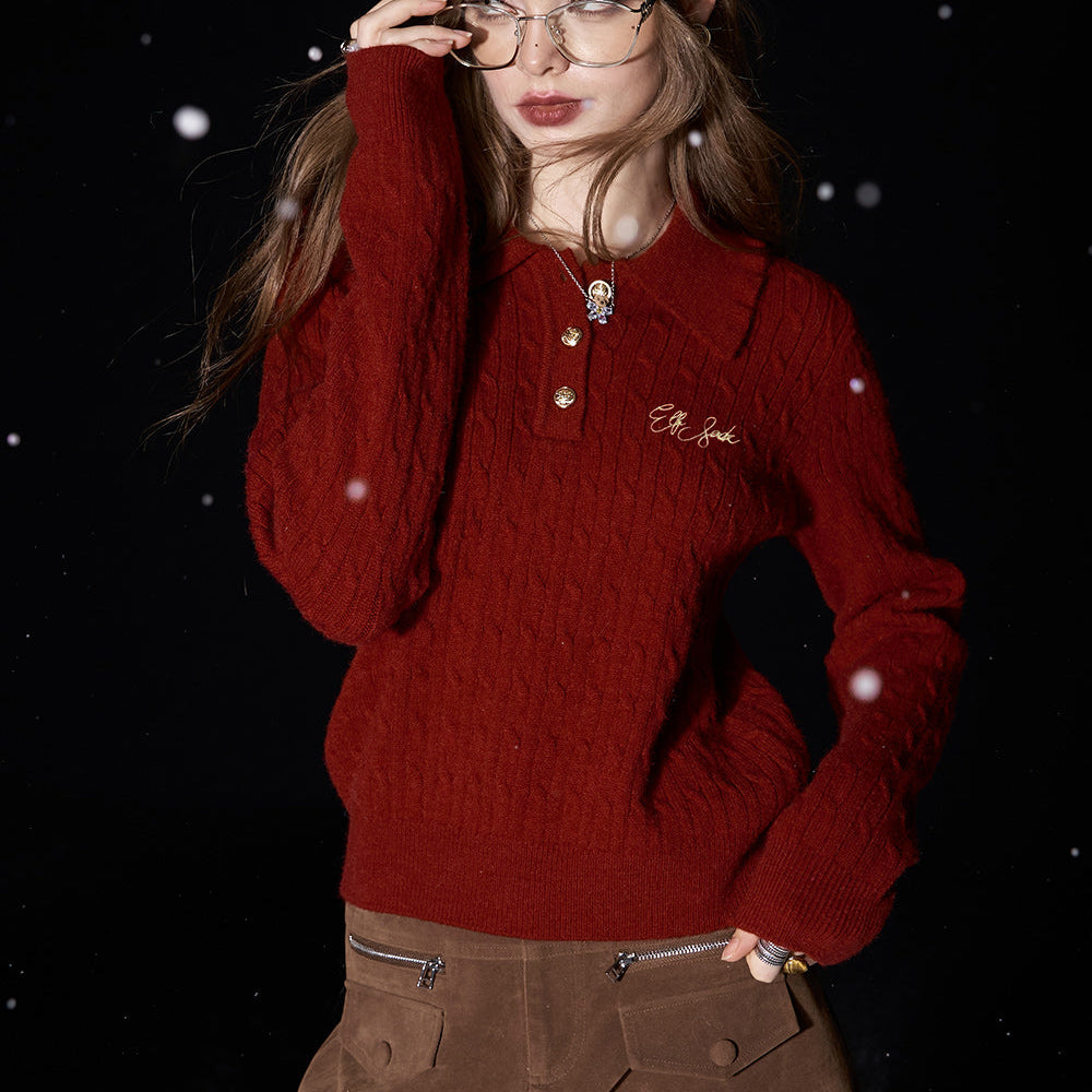 ELFSACK 2024 Winter New Arrivals Preppy style slim fit letter embroidered polo neck knitted sweater for women