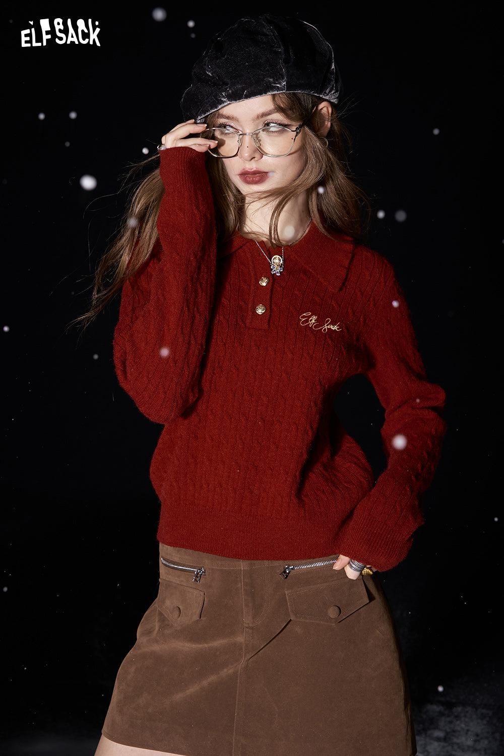 ELFSACK Preppy style slim fit letter embroidered polo neck knitted sweater