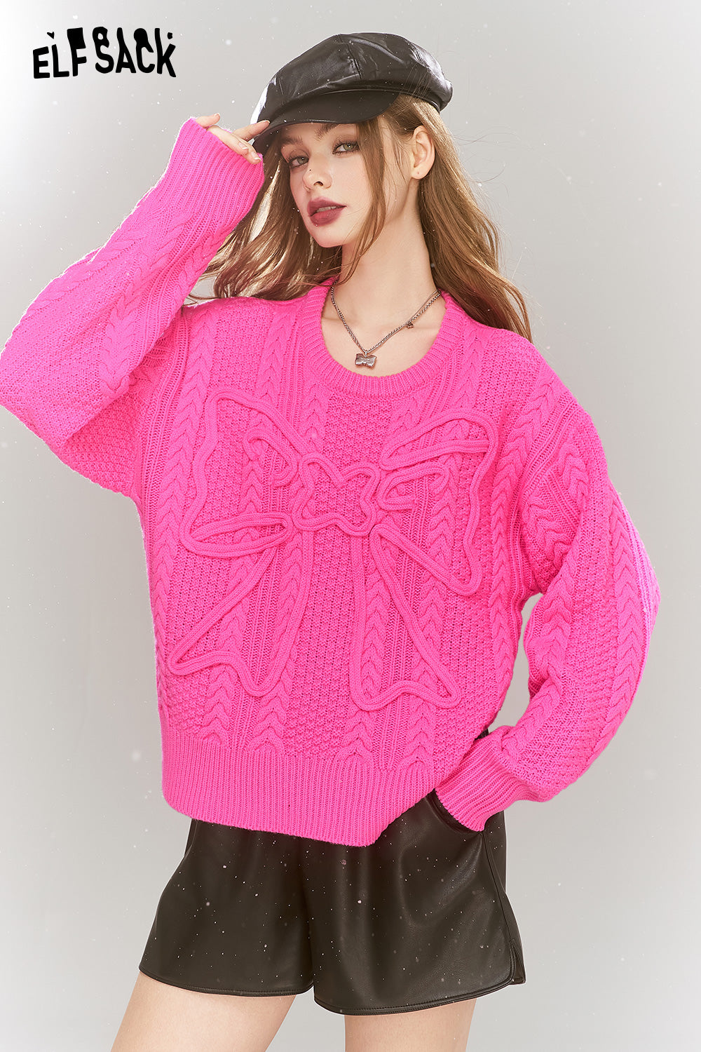 ELFSACK Sweet bow pullover sweater soft and versatile round neck inner wear top