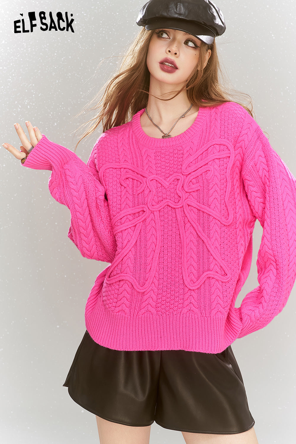 ELFSACK Sweet bow pullover sweater soft and versatile round neck inner wear top