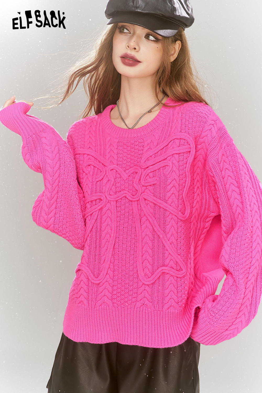 ELFSACK Sweet bow pullover sweater soft and versatile round neck inner wear top