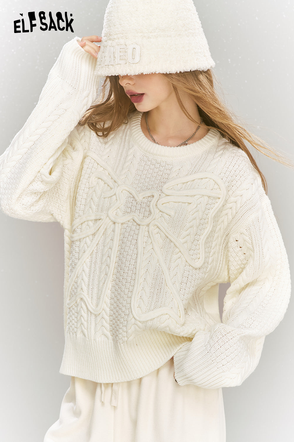 ELFSACK Sweet bow pullover sweater soft and versatile round neck inner wear top