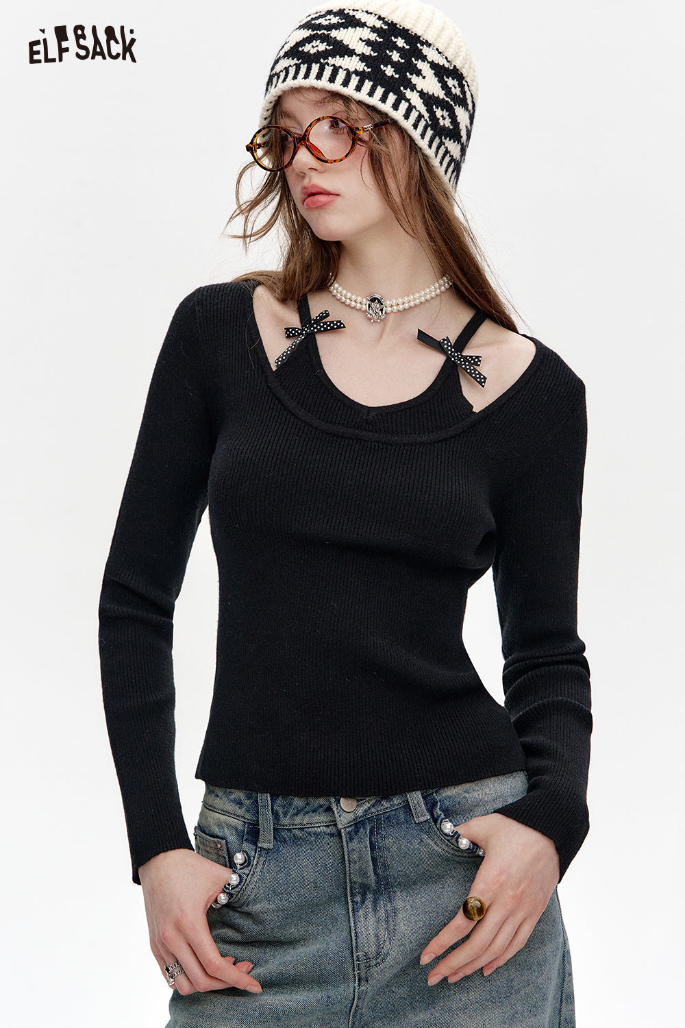 ELFSACK Fake two-piece halter neck red slim fit knitted pullover