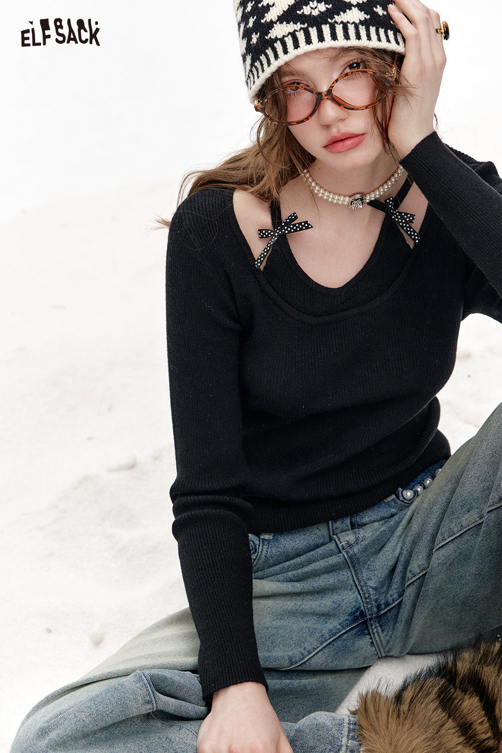ELFSACK Fake two-piece halter neck red slim fit knitted pullover