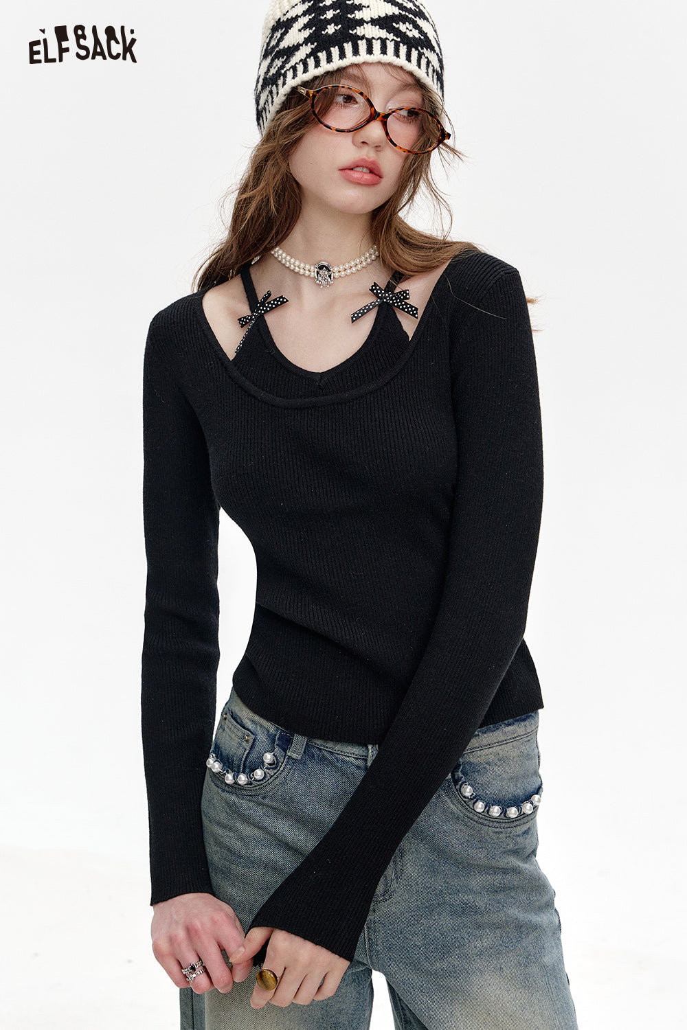 ELFSACK Fake two-piece halter neck red slim fit knitted pullover