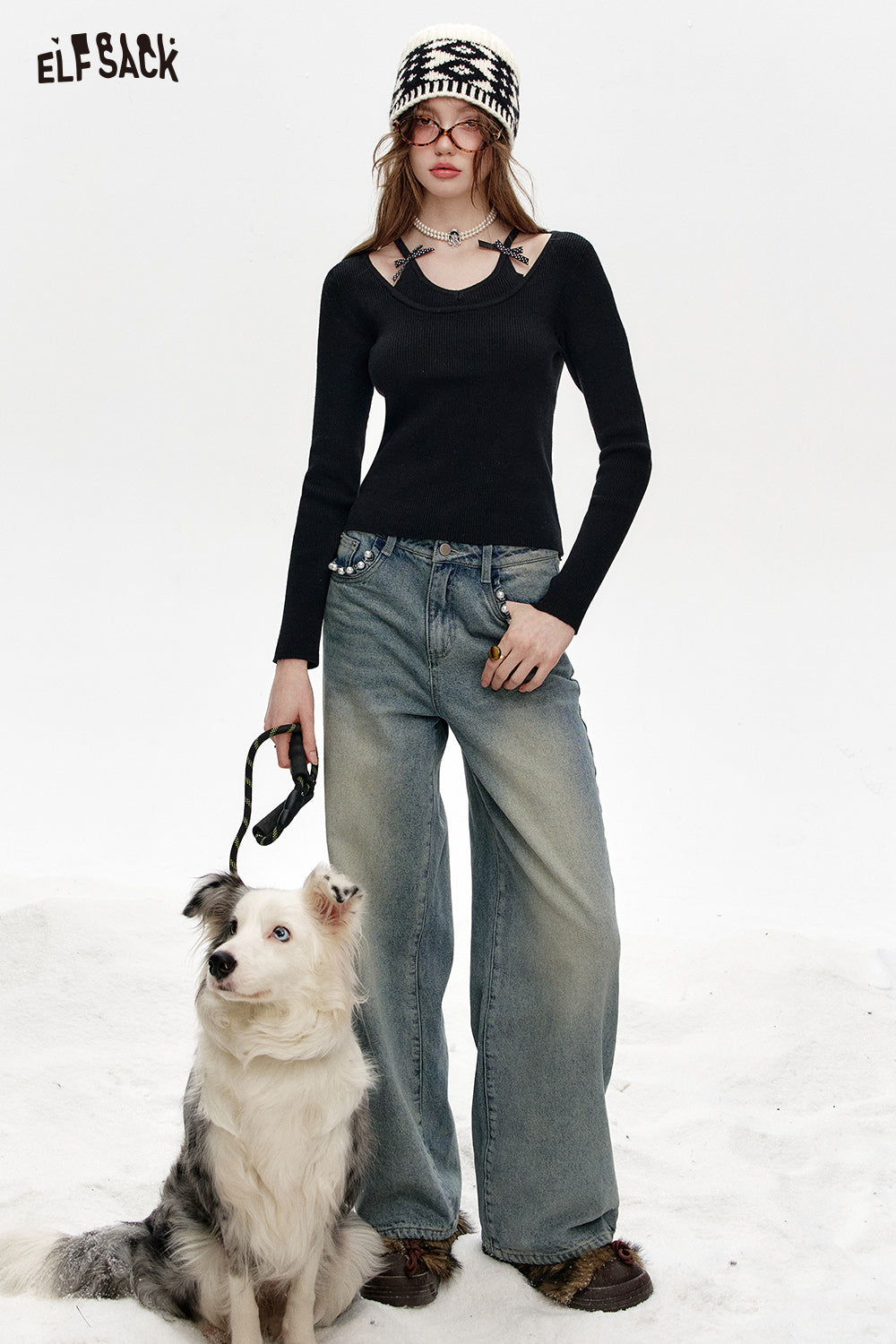 ELFSACK Fake two-piece halter neck red slim fit knitted pullover
