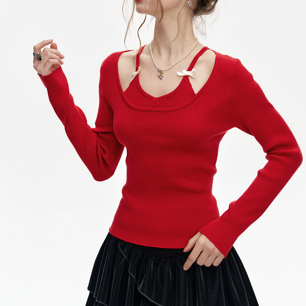 ELFSACK 2024 Winter New Arrivals Fake two-piece halter neck red slim fit knitted pullover for women