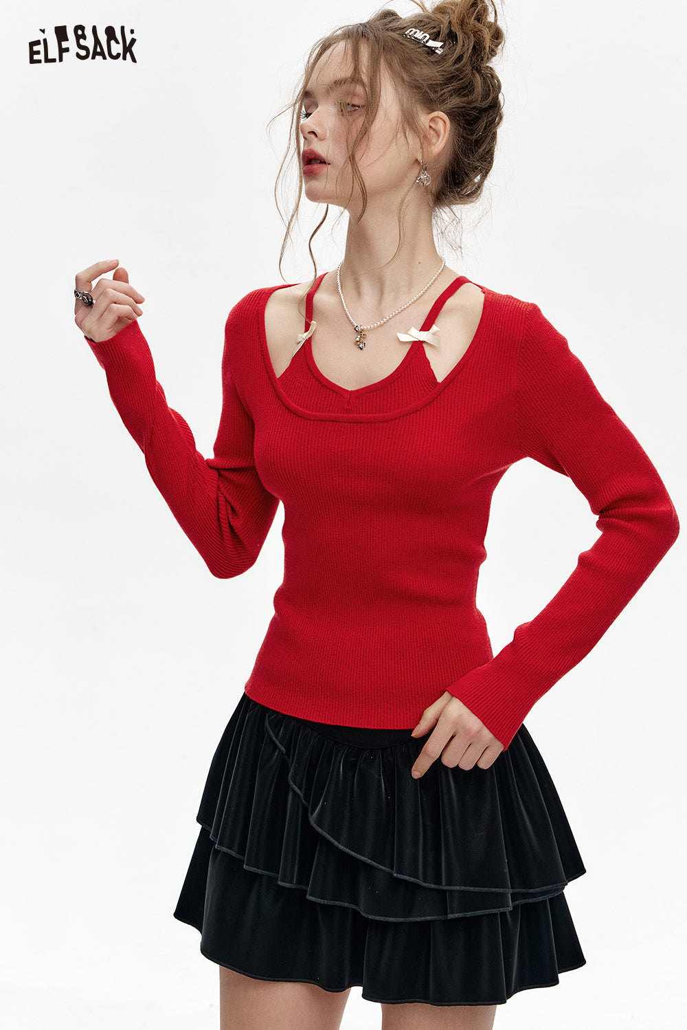 ELFSACK Fake two-piece halter neck red slim fit knitted pullover