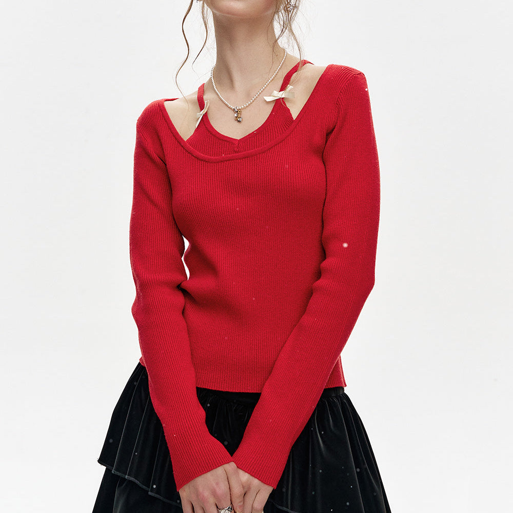 ELFSACK 2024 Winter New Arrivals Fake two-piece halter neck red slim fit knitted pullover for women