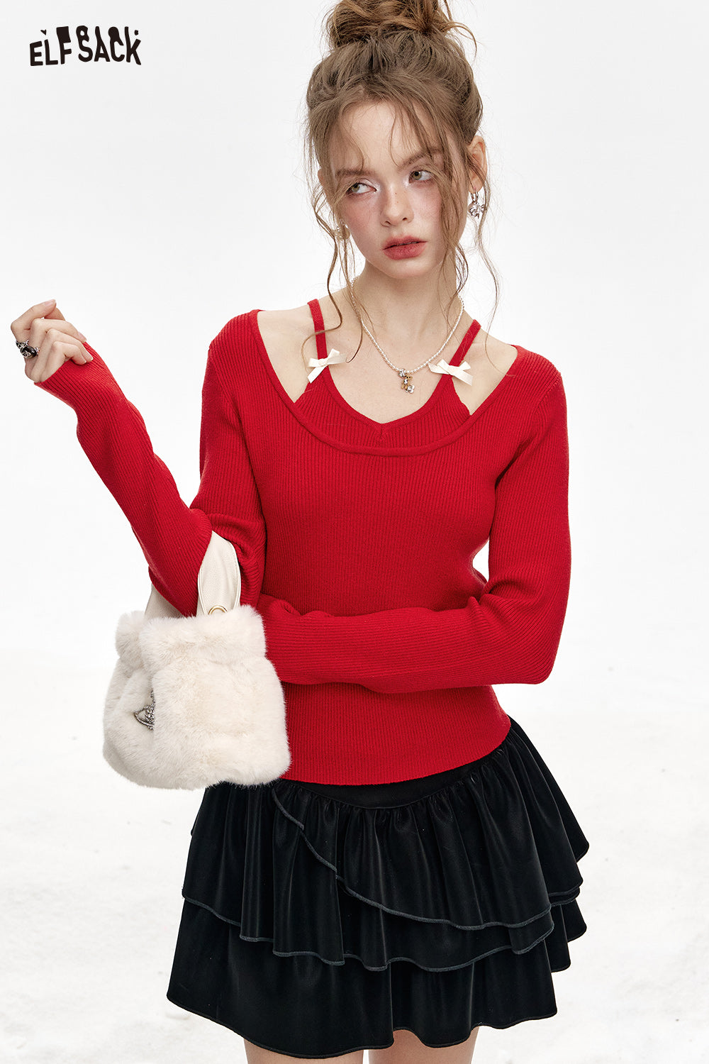 ELFSACK Fake two-piece halter neck red slim fit knitted pullover