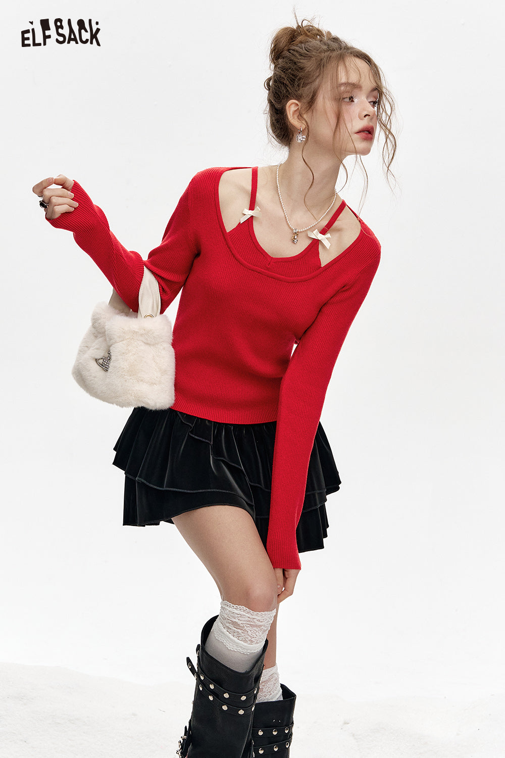 ELFSACK Fake two-piece halter neck red slim fit knitted pullover