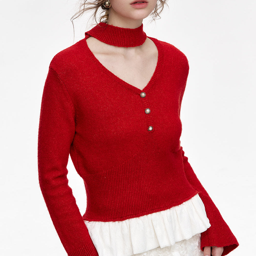 ELFSACK 2024 Winter New Arrivals New Year Red V-neck Hollow Splicing Knitted Pullover Women