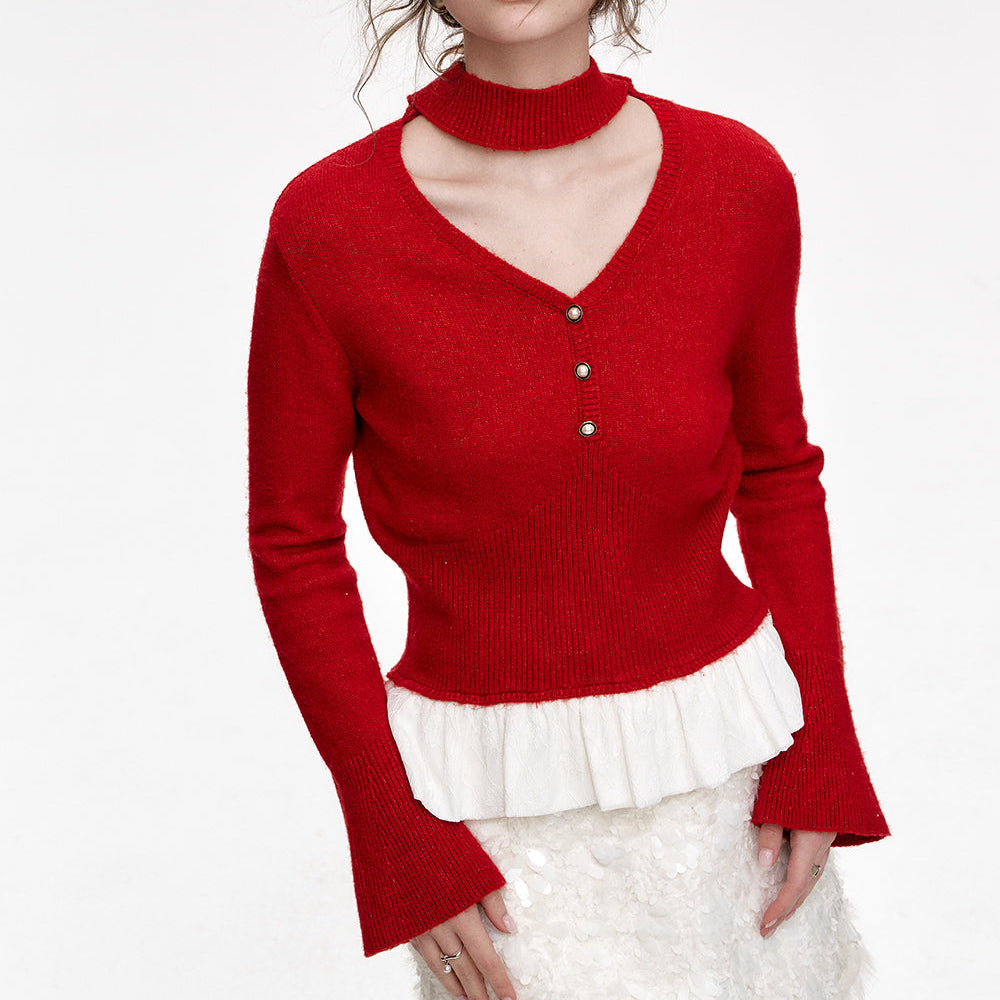 
                  
                    ELFSACK 2024 Winter New Arrivals New Year Red V-neck Hollow Splicing Knitted Pullover Women
                  
                