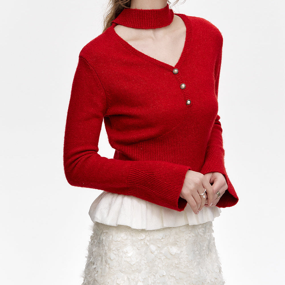 
                  
                    ELFSACK 2024 Winter New Arrivals New Year Red V-neck Hollow Splicing Knitted Pullover Women
                  
                