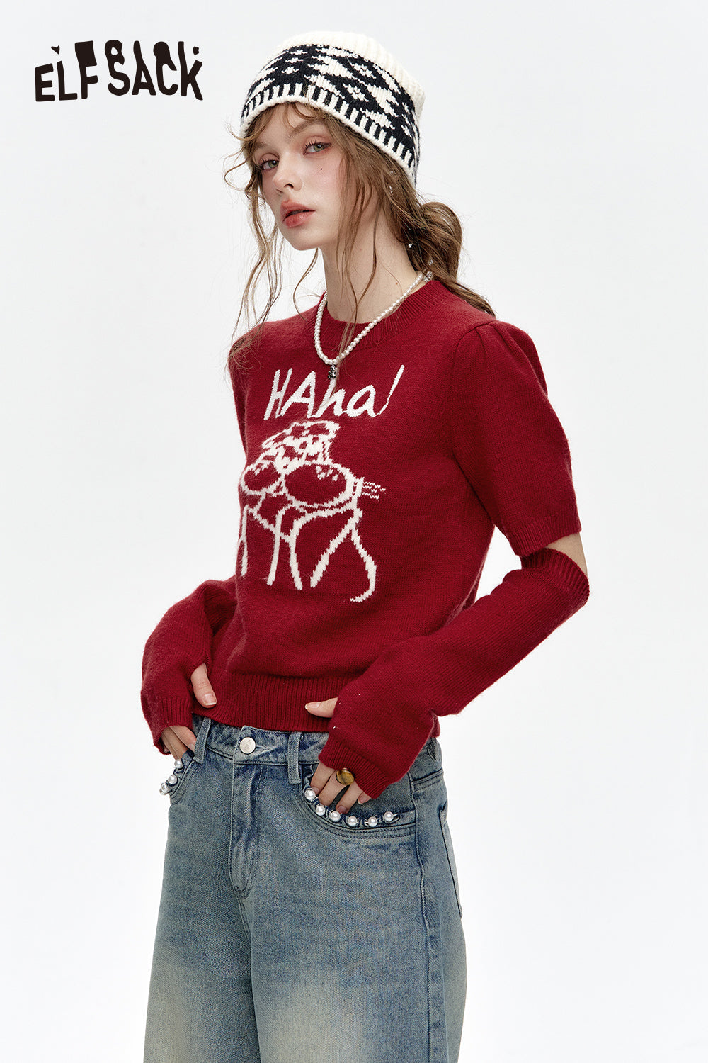 ELFSACK Round neck, two-section sleeves, red sweater
