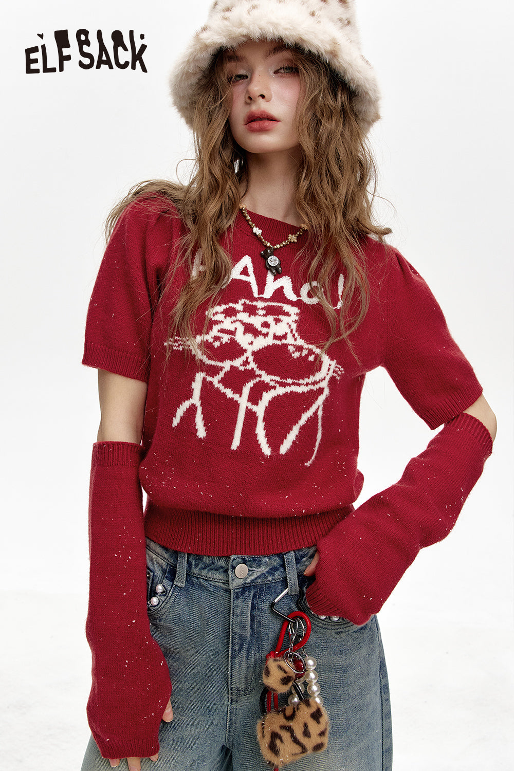 ELFSACK Round neck, two-section sleeves, red sweater