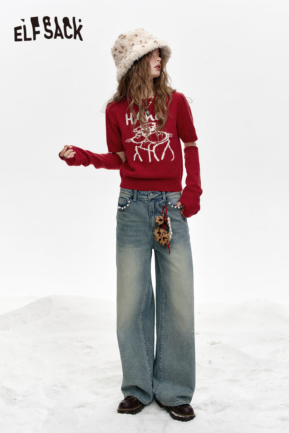 ELFSACK Round neck, two-section sleeves, red sweater