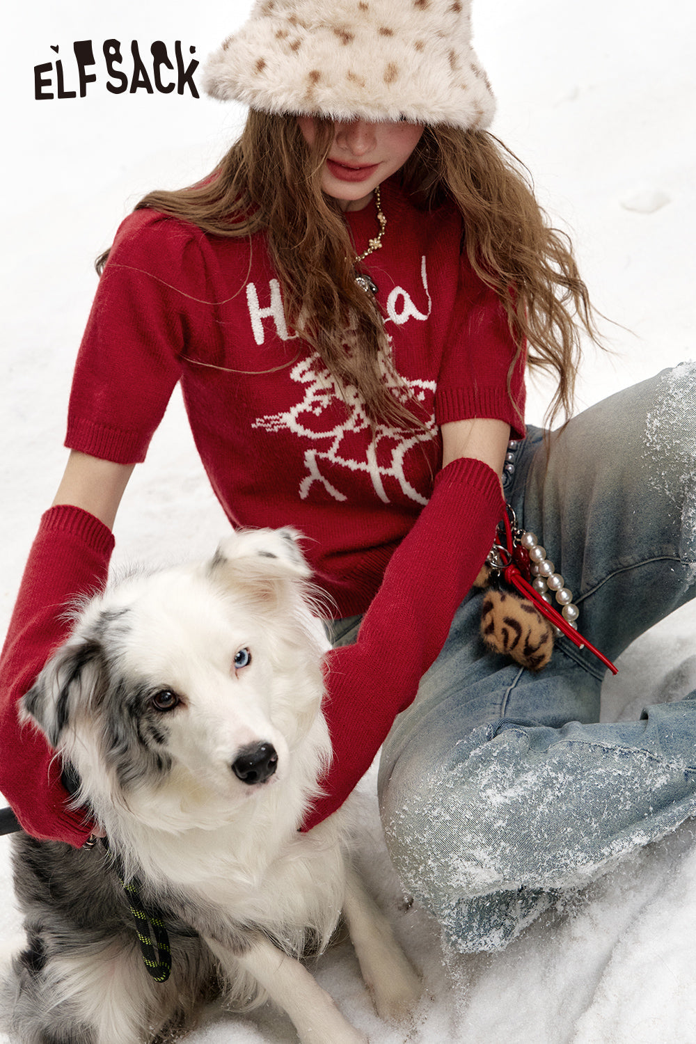 ELFSACK Round neck, two-section sleeves, red sweater