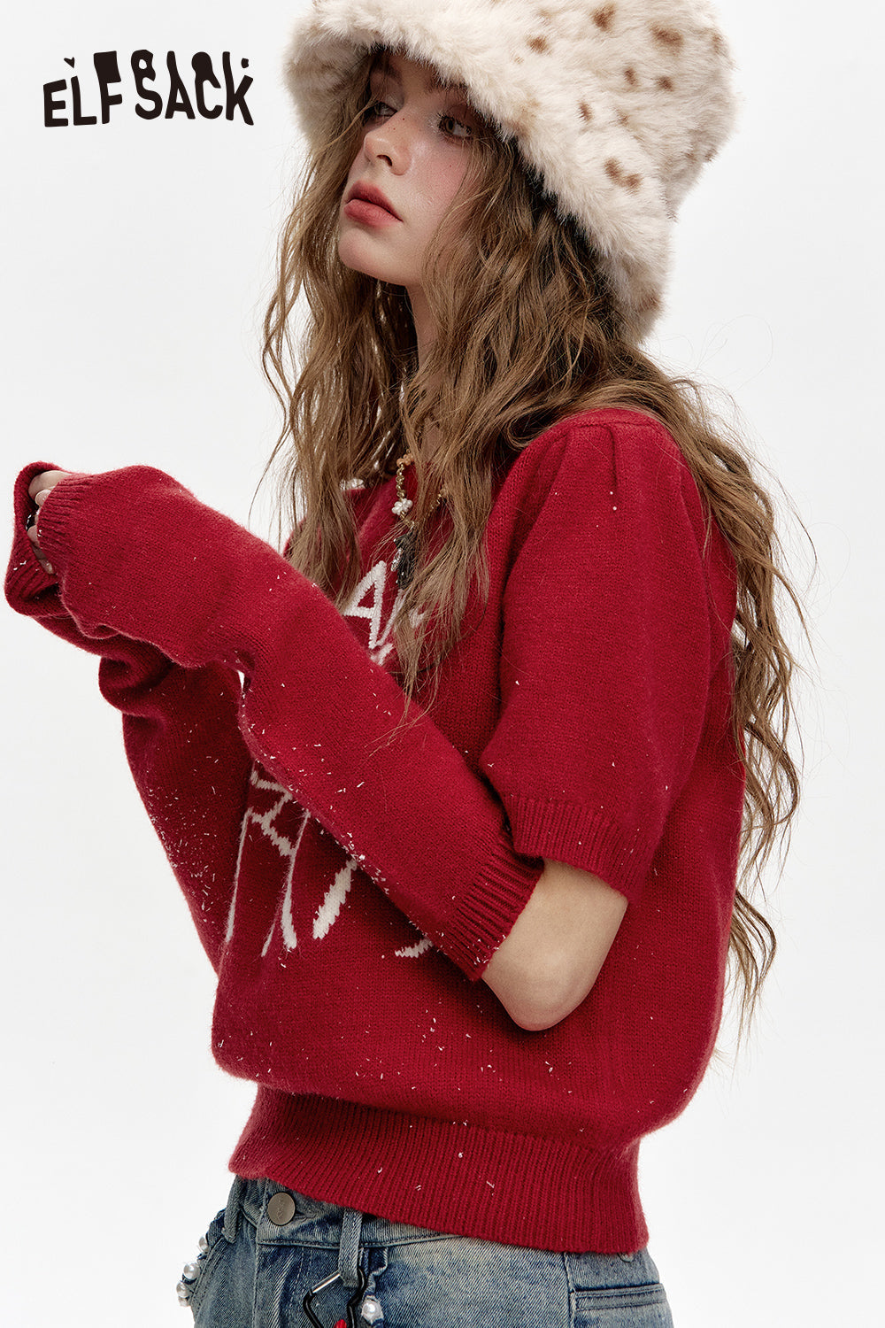 ELFSACK Round neck, two-section sleeves, red sweater