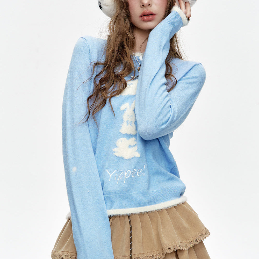 
                  
                    ELFSACK 2024 Winter New Arrivals Crew neck faux plush bunny print short knitted pullover
                  
                