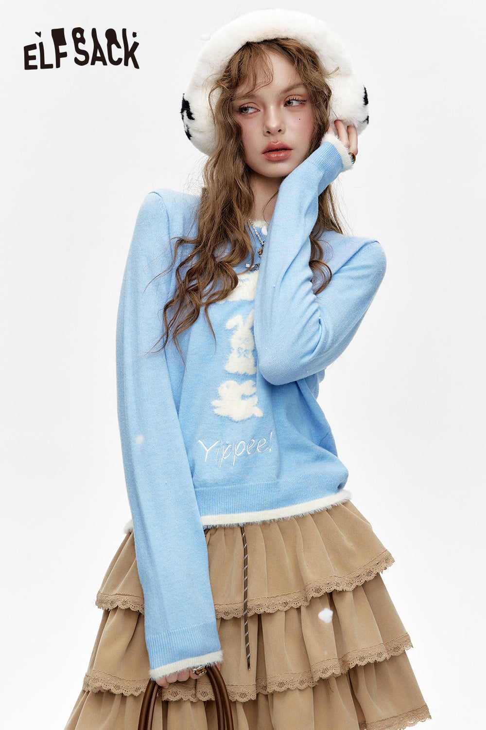 ELFSACK Crew neck faux plush bunny print short knitted pullover