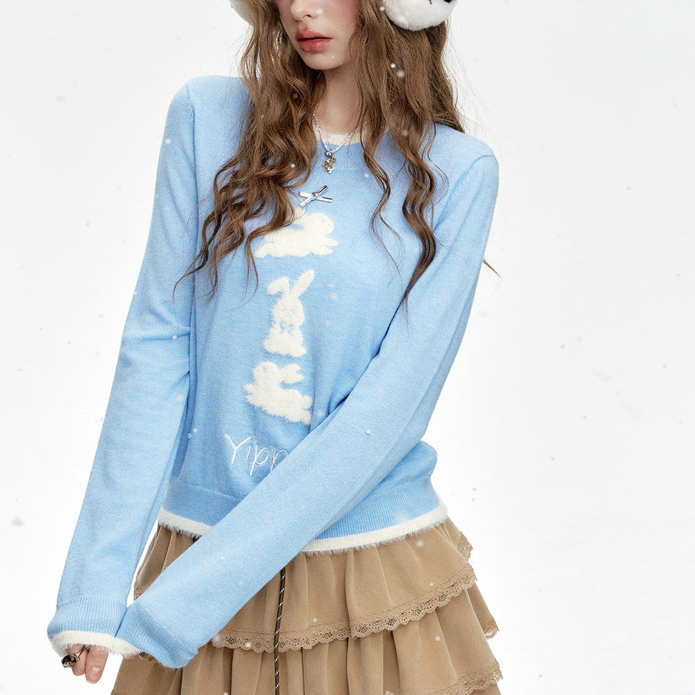 
                  
                    ELFSACK 2024 Winter New Arrivals Crew neck faux plush bunny print short knitted pullover
                  
                