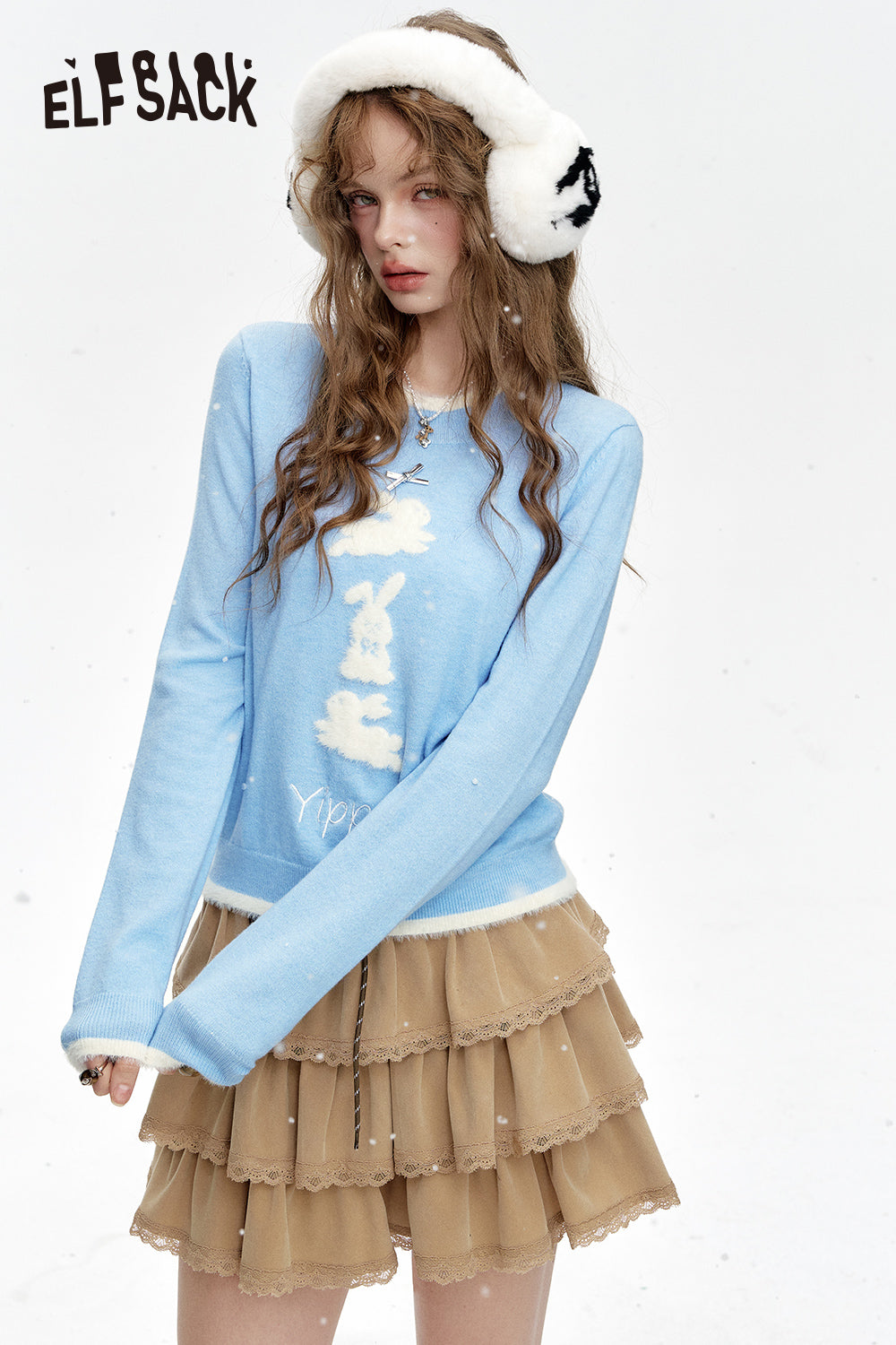 ELFSACK Crew neck faux plush bunny print short knitted pullover