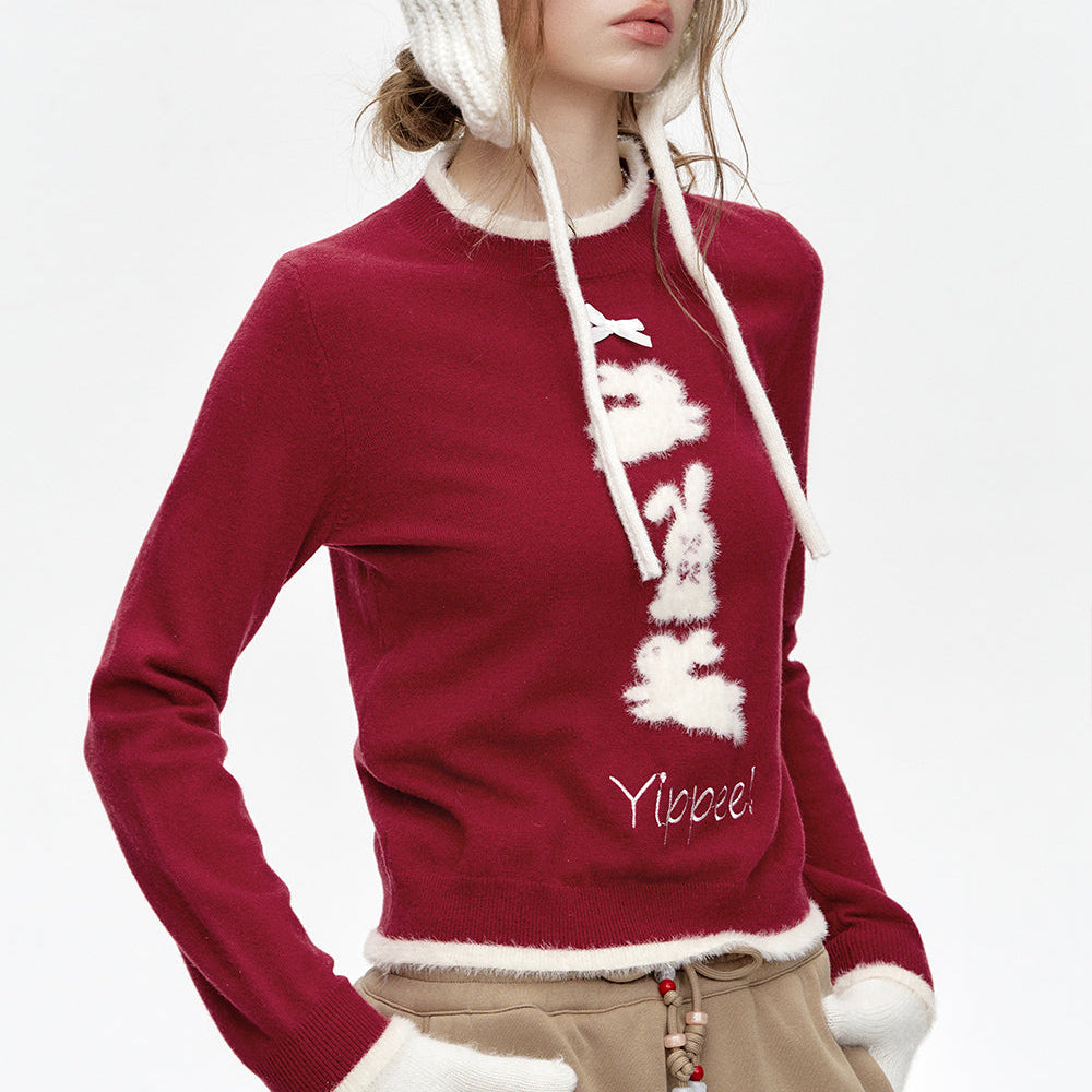 ELFSACK 2024 Winter New Arrivals Crew neck faux plush bunny print short knitted pullover