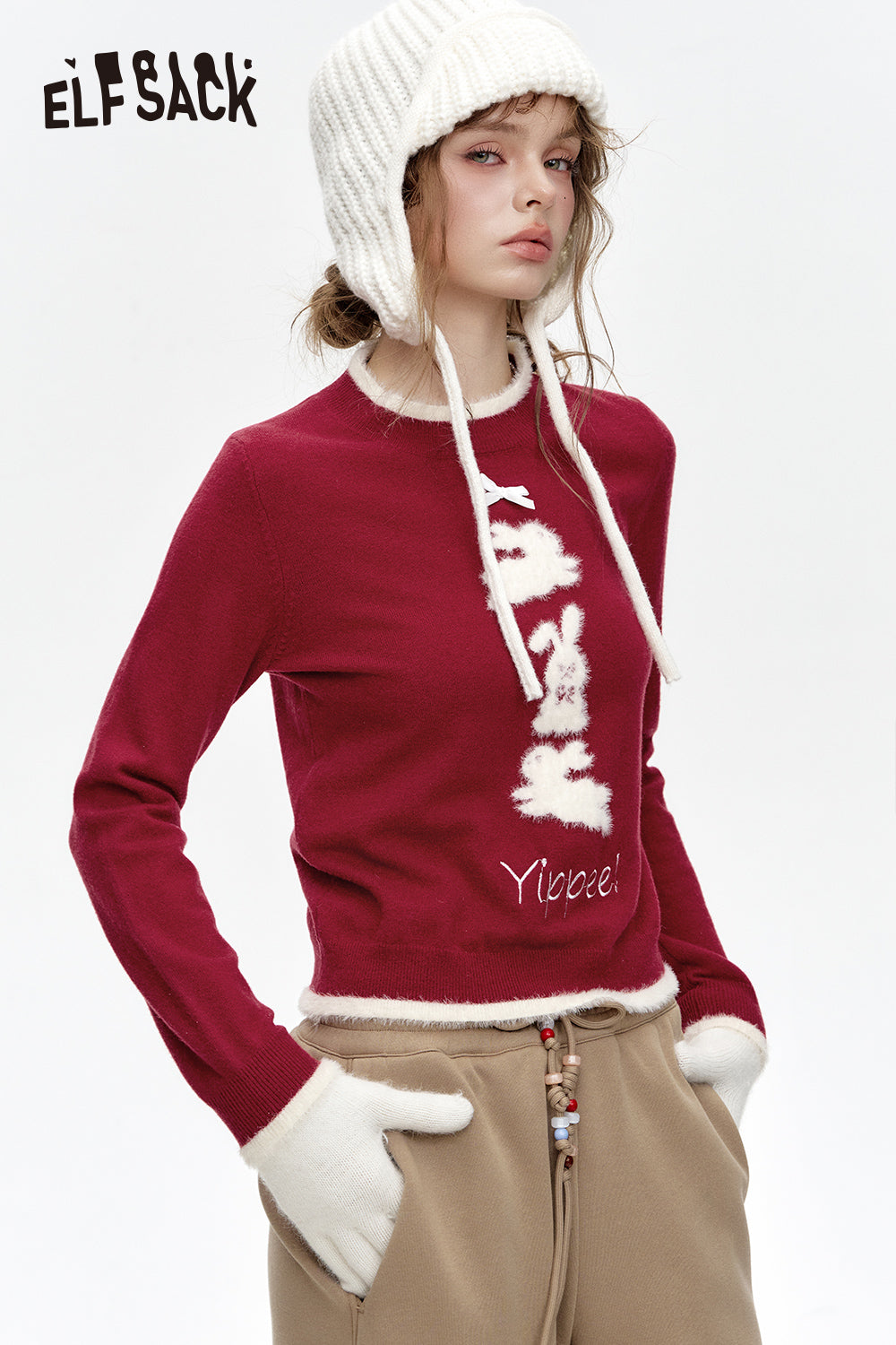 ELFSACK 2024 Winter New Arrivals Crew neck faux plush bunny print short knitted pullover