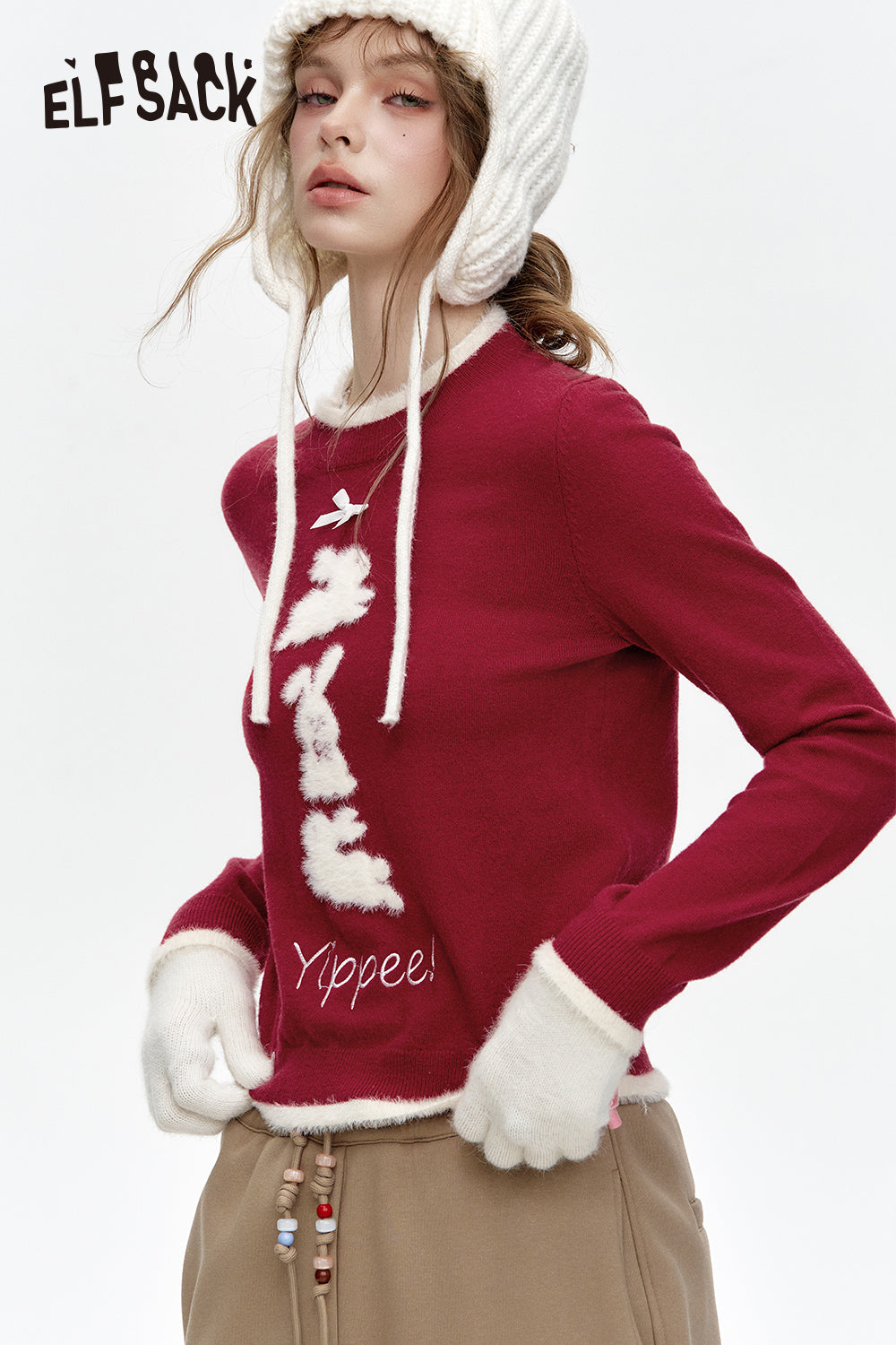 ELFSACK Crew neck faux plush bunny print short knitted pullover