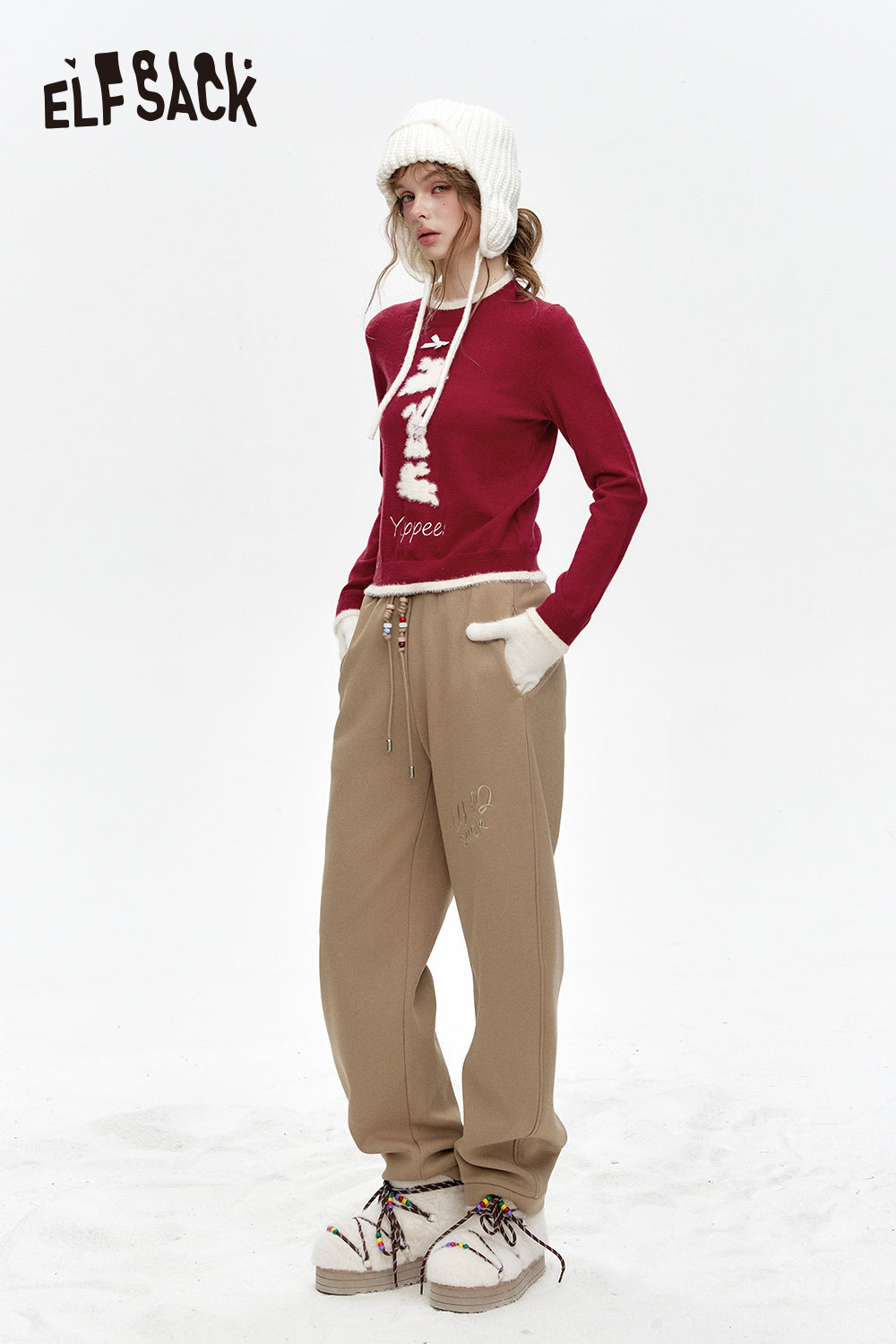 ELFSACK Crew neck faux plush bunny print short knitted pullover