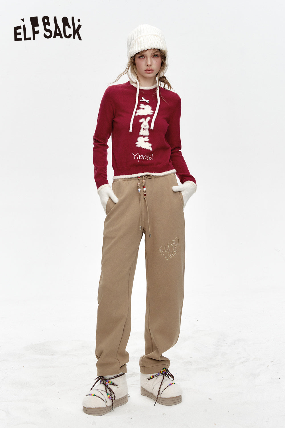 ELFSACK Crew neck faux plush bunny print short knitted pullover