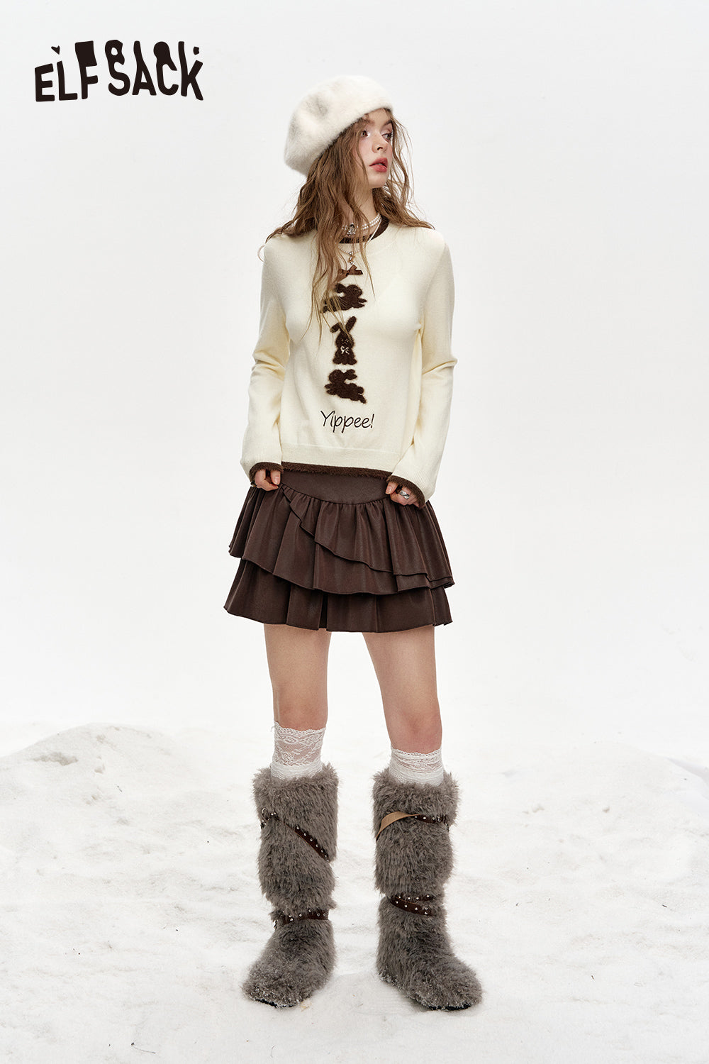ELFSACK Crew neck faux plush bunny print short knitted pullover