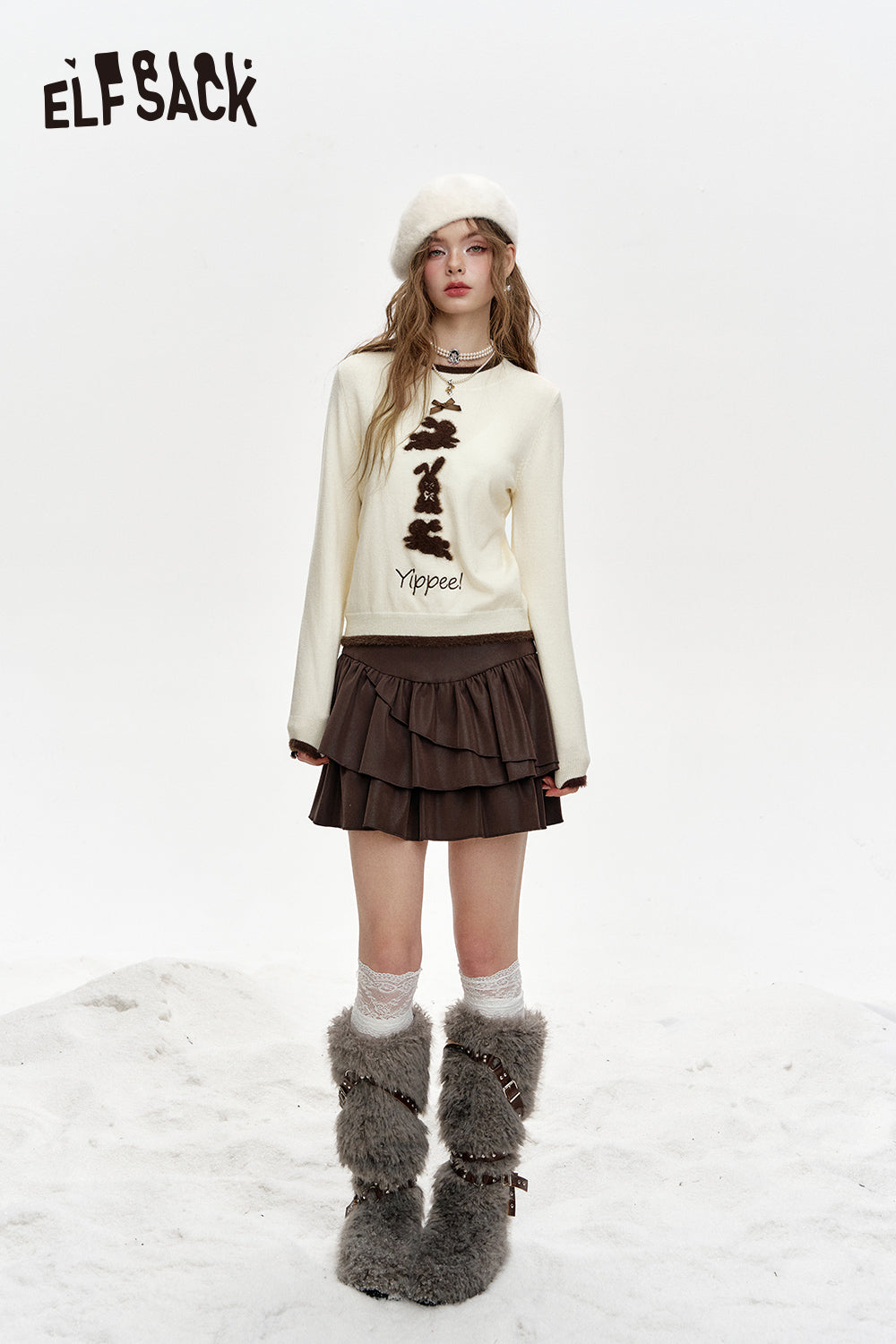 ELFSACK Crew neck faux plush bunny print short knitted pullover