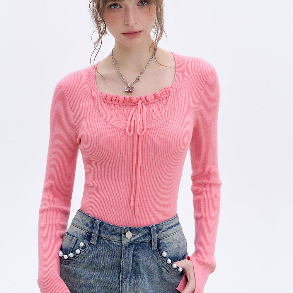 ELFSACK 2024 Winter New Arrivals Pink Square Neck Drawstring Slim Fit Knit Pullover Women