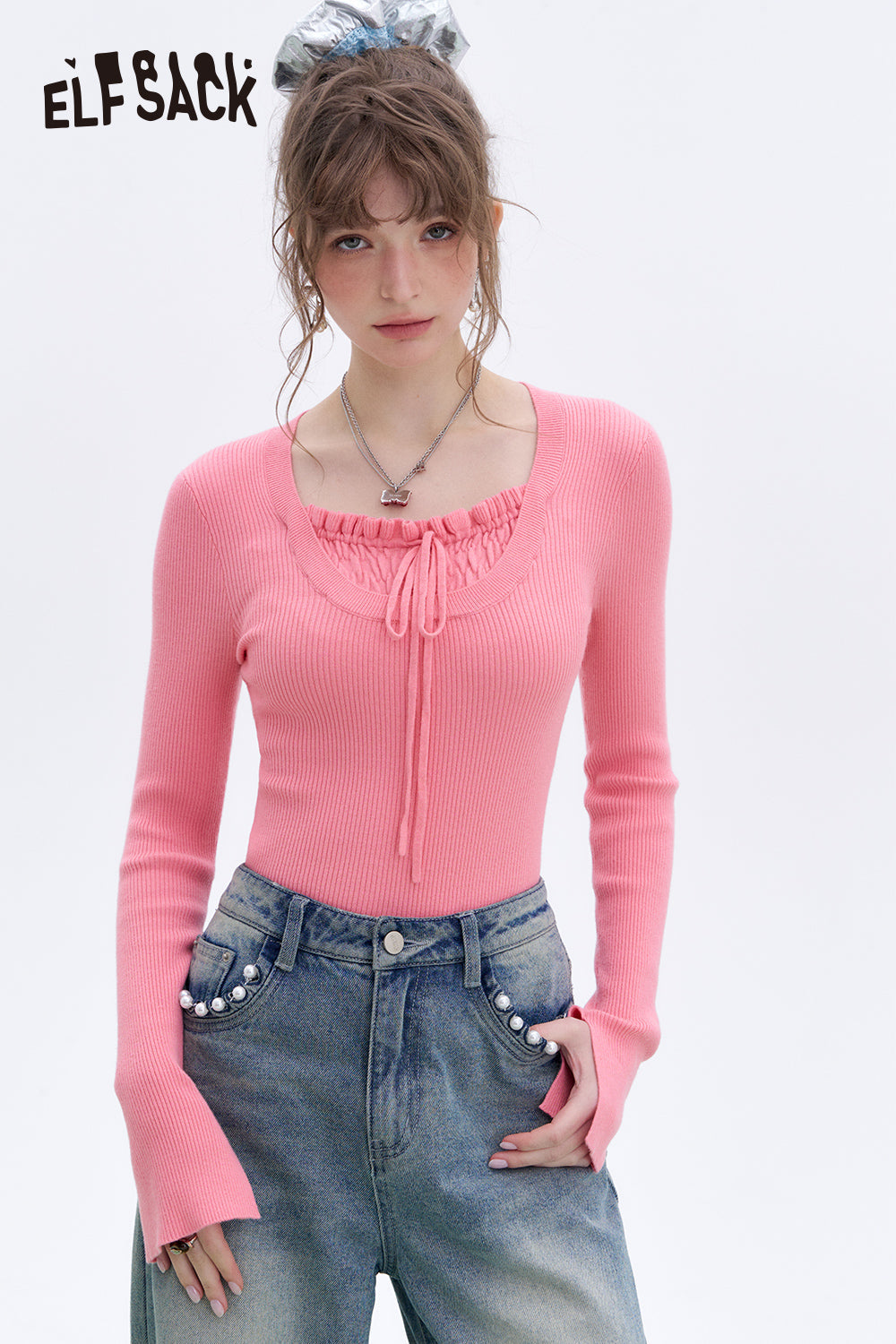 ELFSACK 2024 Winter New Arrivals Pink Square Neck Drawstring Slim Fit Knit Pullover Women