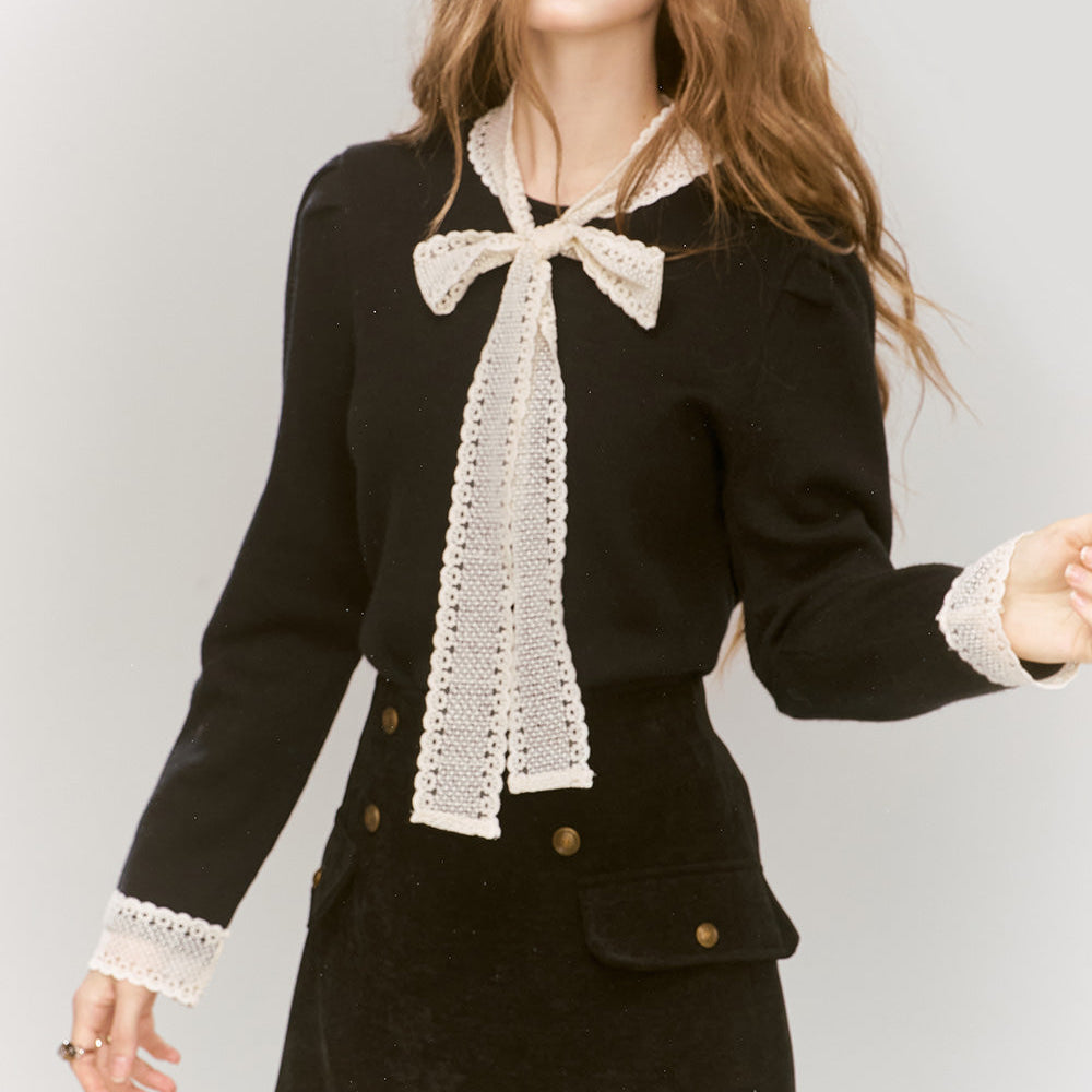 
                  
                    ELFSACK 2024 Winter New Arrivals Elegant lace patchwork slim tie bow pearl button French knit sweater
                  
                