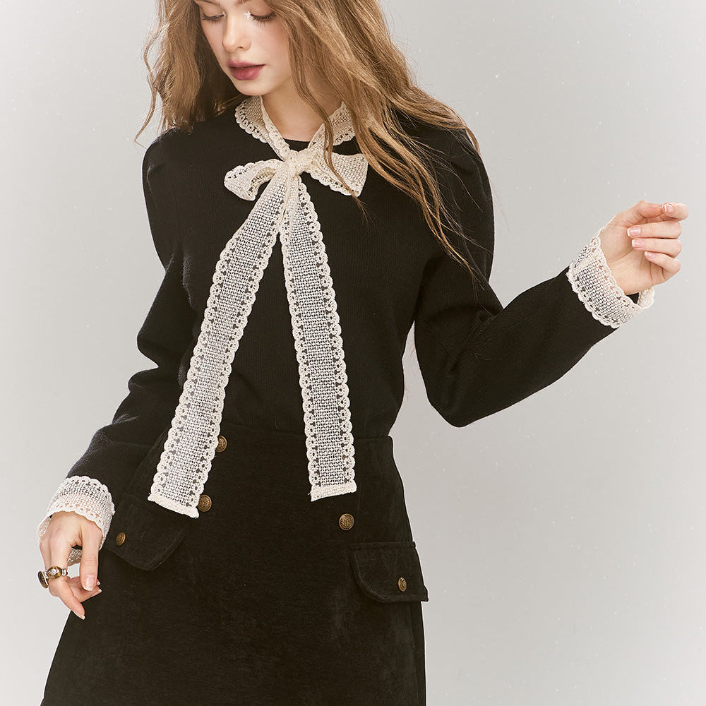 
                  
                    ELFSACK 2024 Winter New Arrivals Elegant lace patchwork slim tie bow pearl button French knit sweater
                  
                