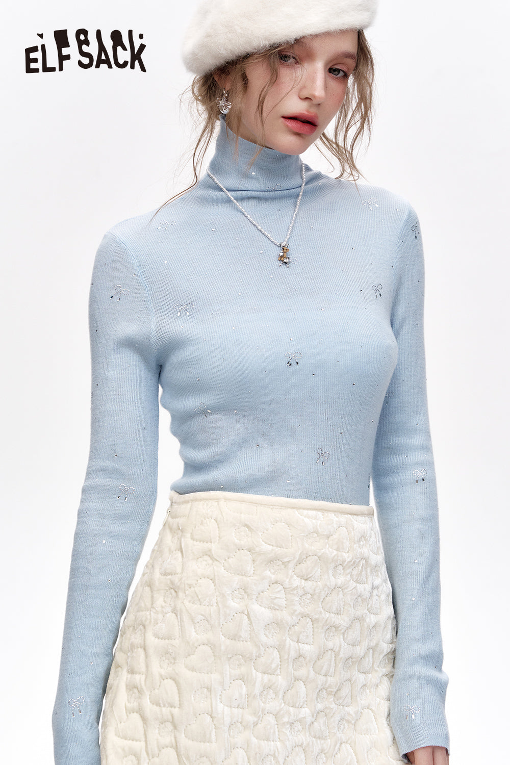 ELFSACK Sweet turtleneck bow fine glitter slim-fitting knitted sweater