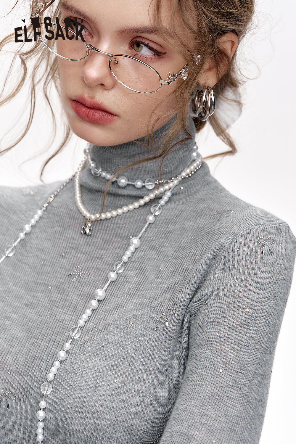 ELFSACK Sweet turtleneck bow fine glitter slim-fitting knitted sweater