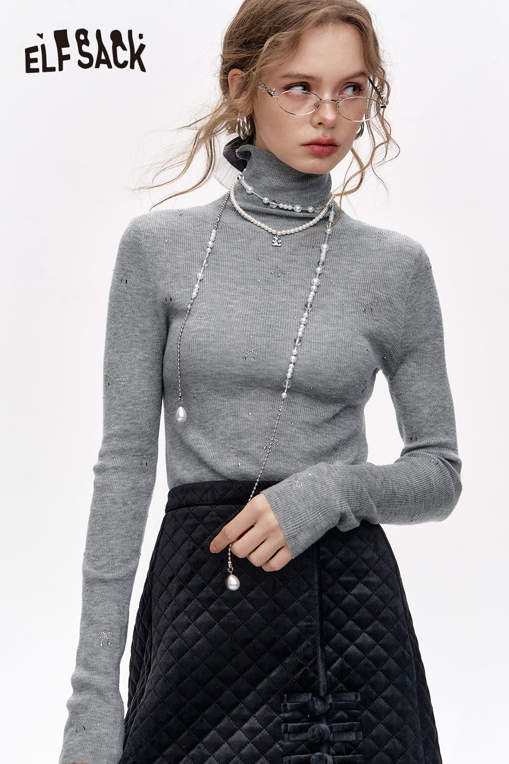 ELFSACK Sweet turtleneck bow fine glitter slim-fitting knitted sweater