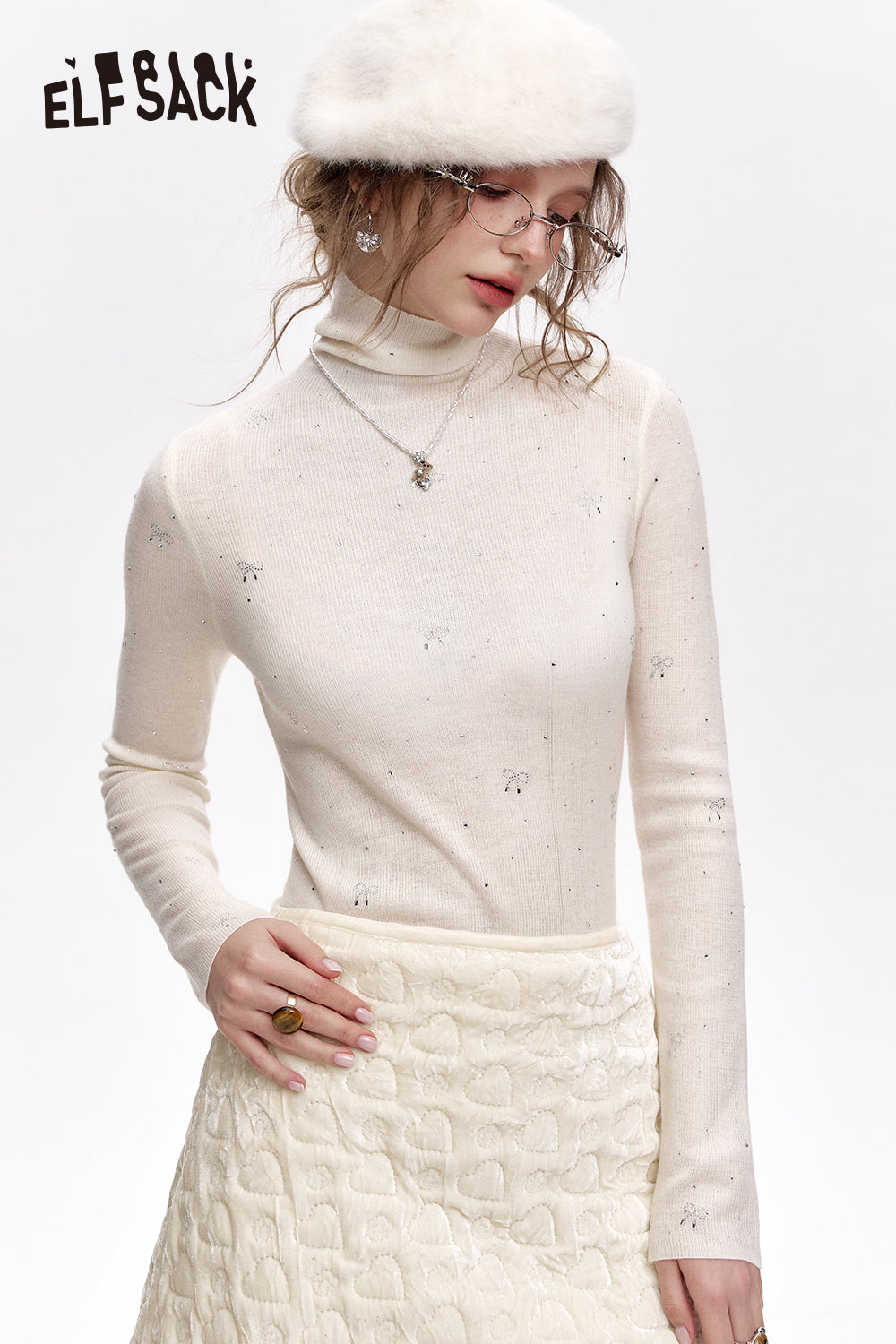 ELFSACK Sweet turtleneck bow fine glitter slim-fitting knitted sweater