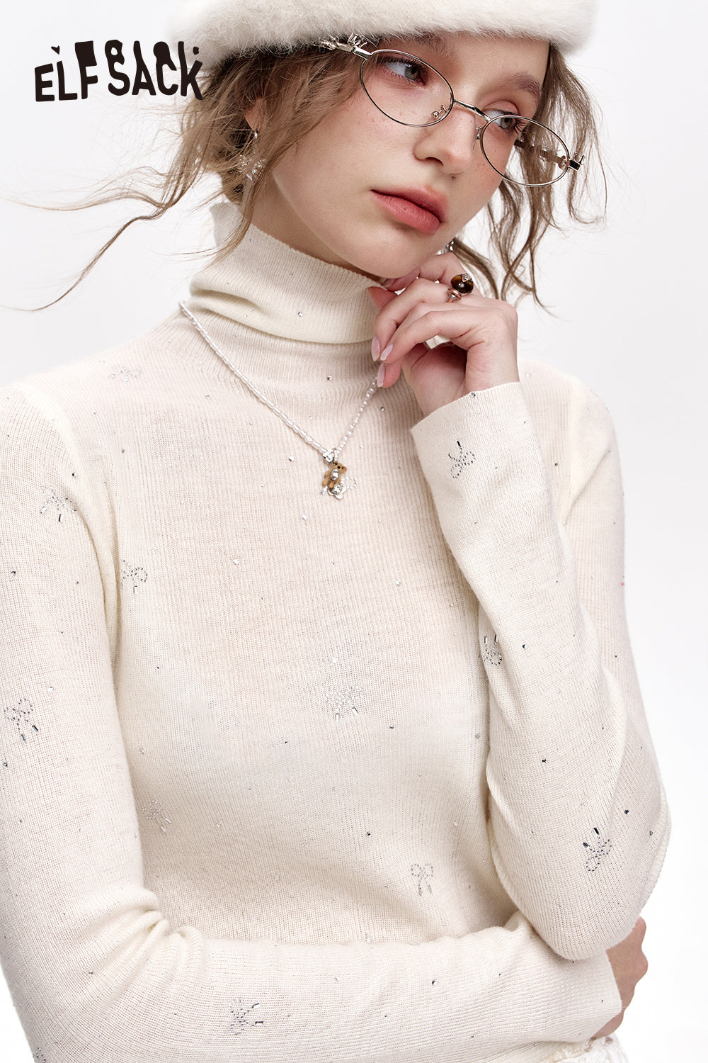 ELFSACK Sweet turtleneck bow fine glitter slim-fitting knitted sweater
