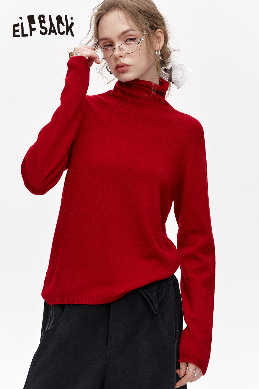 ELFSACK Versatile Half Turtleneck Solid Color Slim Fit 100% Wool Warm Knit Cardigan